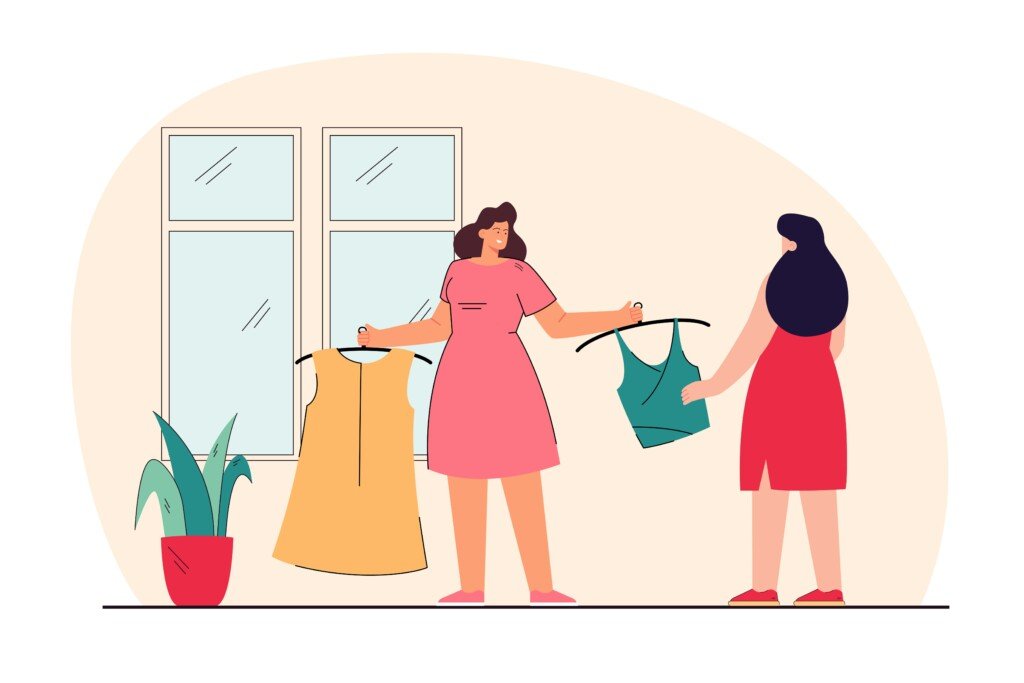 dibujo de mujer mostrándole ropa a otra mujer para probarse